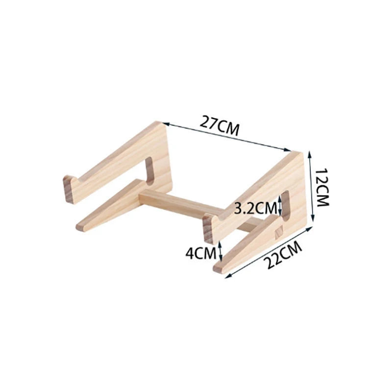 Check out the Universal Wooden Laptop Holder, a detachable stand measuring 27cm (W) x 22cm (D) x 12cm (H), with a thickness of 3.2cm and a front angle support of 4cm. It features angled side supports connected by a horizontal bar and ships free!.