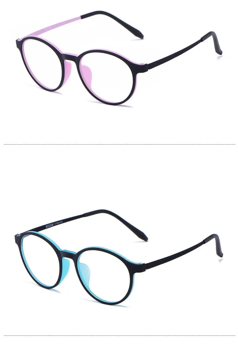 Two pairs of OUTMIX Pure Titanium Anti Blue Light Reading Glasses are showcased: one with pink-tinted lenses and one with blue-tinted lenses. They feature round frames, black temples, and a sleek titanium design against a white background. Enjoy free shipping on these stylish specs!.