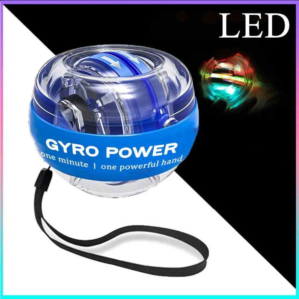 The LED Gyro Wrist Force Handball: Automatic Power features a blue, transparent design with an LED light-emitting gyroscopic motion and includes a wrist strap. It reads GYRO POWER one minute | one powerful hand, with the gyroball glowing red and green, ideal for strength training.