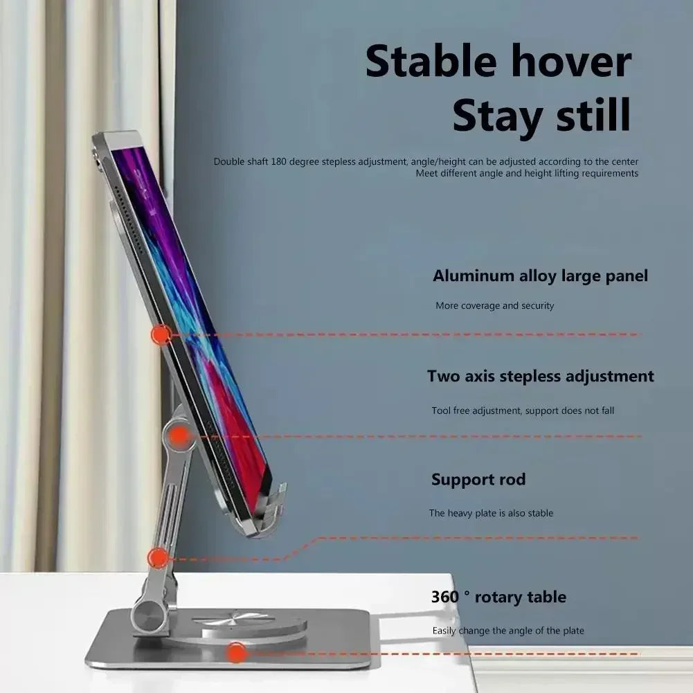 A desk display shows an Adjustable 360° Rotatable Tablet Stand for 4.7-12 Devices, featuring an aluminum alloy panel, adjustable support rod, tool-free adjustment, and a 360-degree rotary base. Text emphasizes its stability and adjustability features.