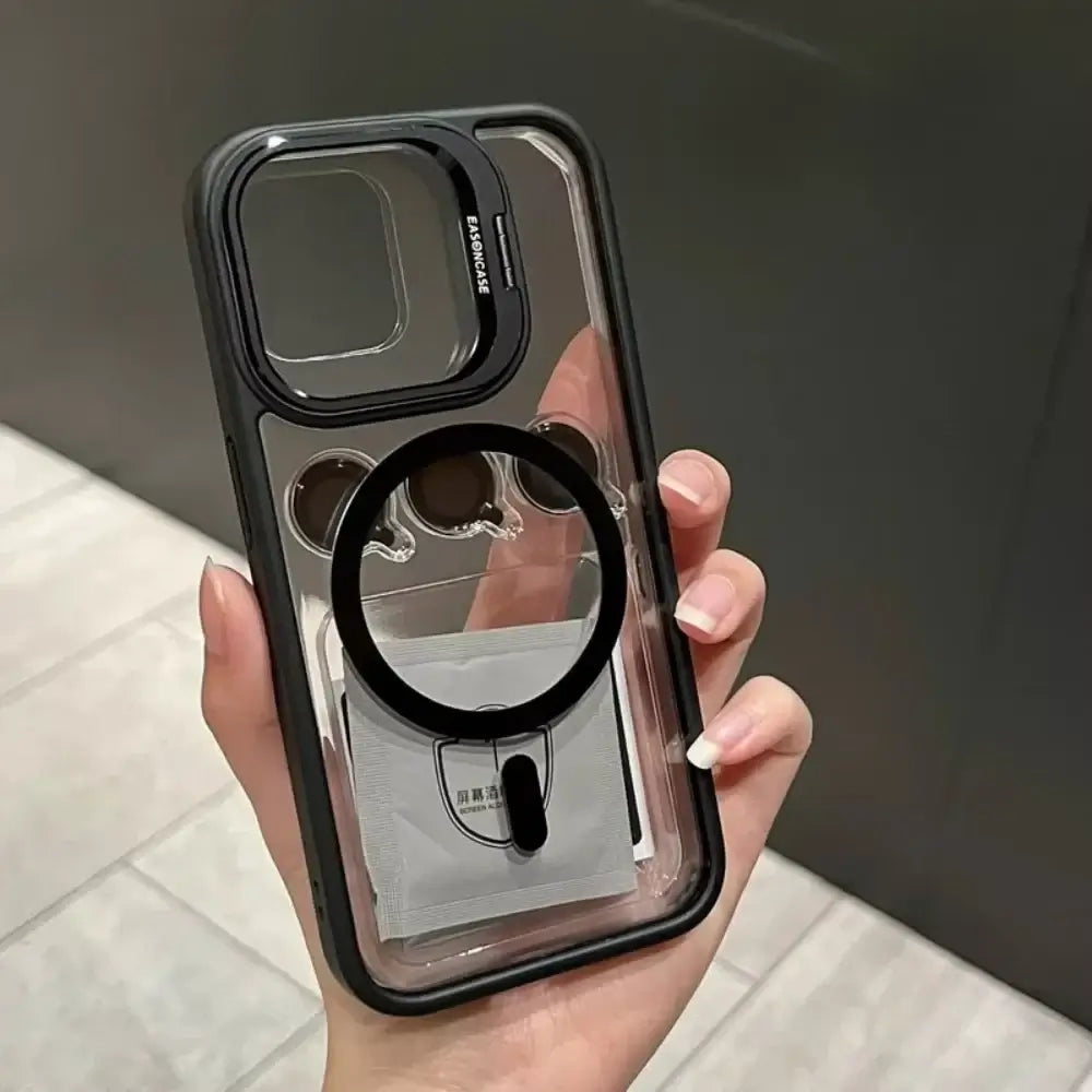 Luxury Magnetic Shockproof iPhone Case with Lens Protection in hand, showcasing stylish design and durability.