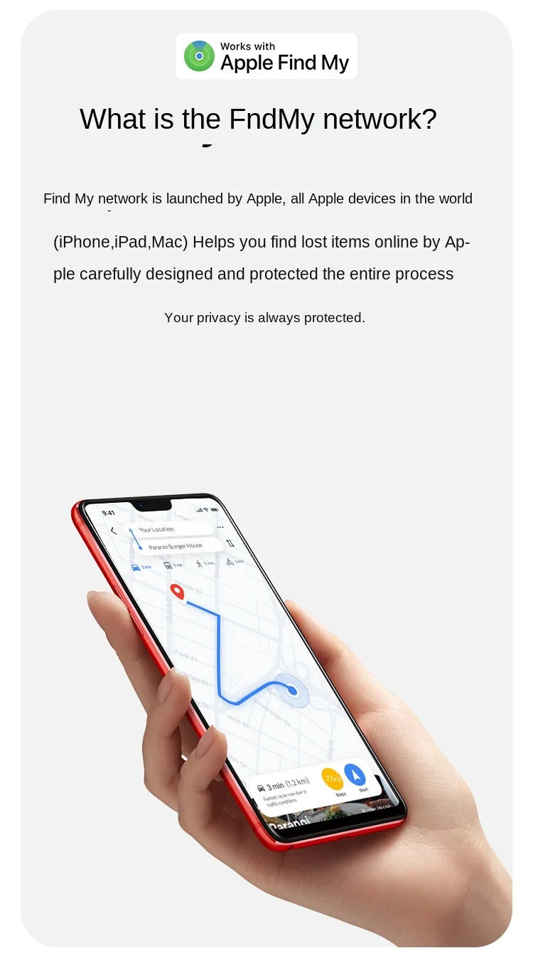 A person holds a red smartphone showing a blue-highlighted route on a map. The text introduces the NoEnName GPS Tracker - Bluetooth Locator for Pets, explaining its Global Precision Search-enhanced Apple Find My network functionality to locate lost devices like iPhones, iPads, and Macs.