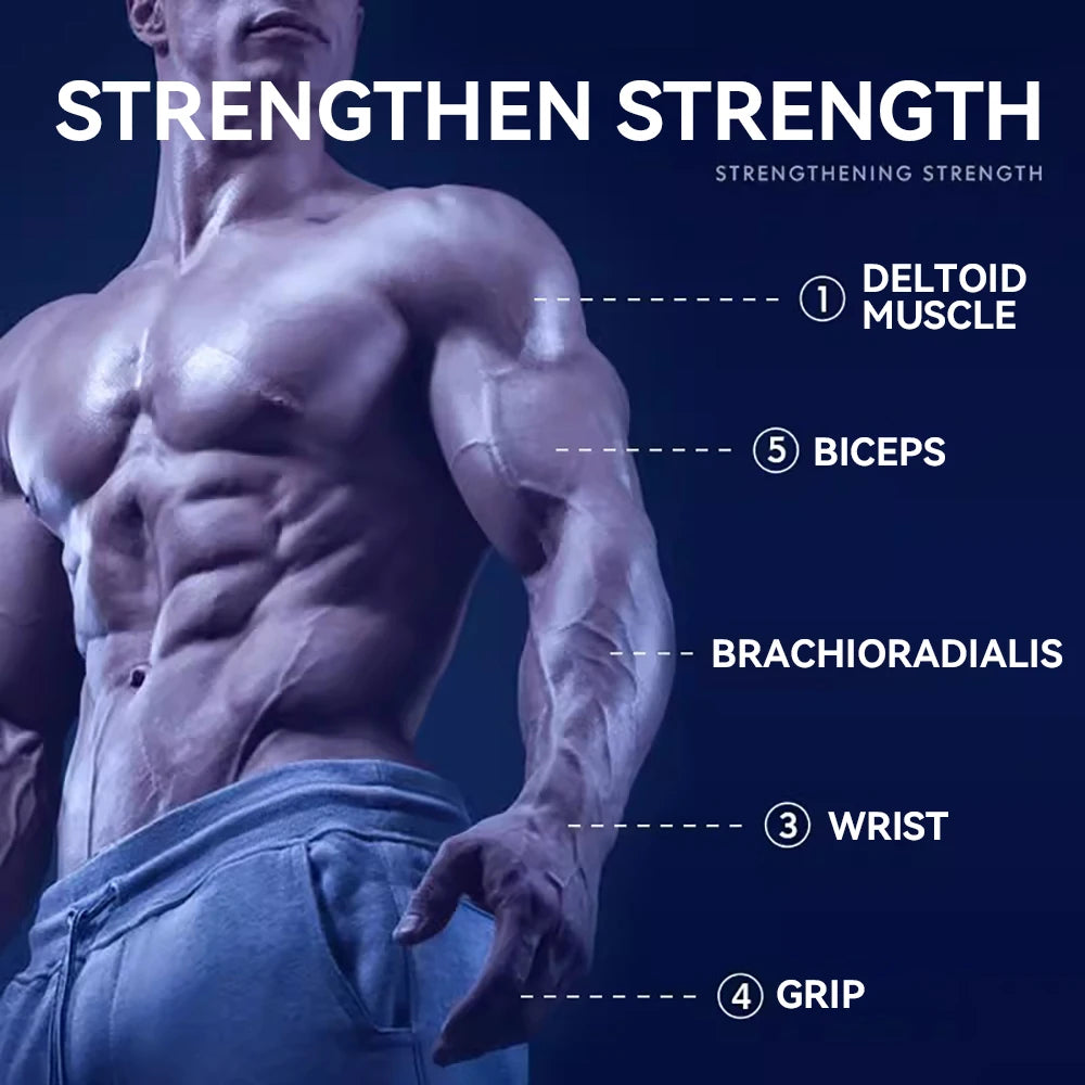 A muscular man with detailed labels highlights his deltoid, brachioradialis, biceps, wrist, and grip areas. Shirtless in grey pants against a dark backdrop, Strengthen Strength stands boldly above. He uses the Wrist Trainer Self-starting Gyro Ball for Strength to maximize adjustable intensity.