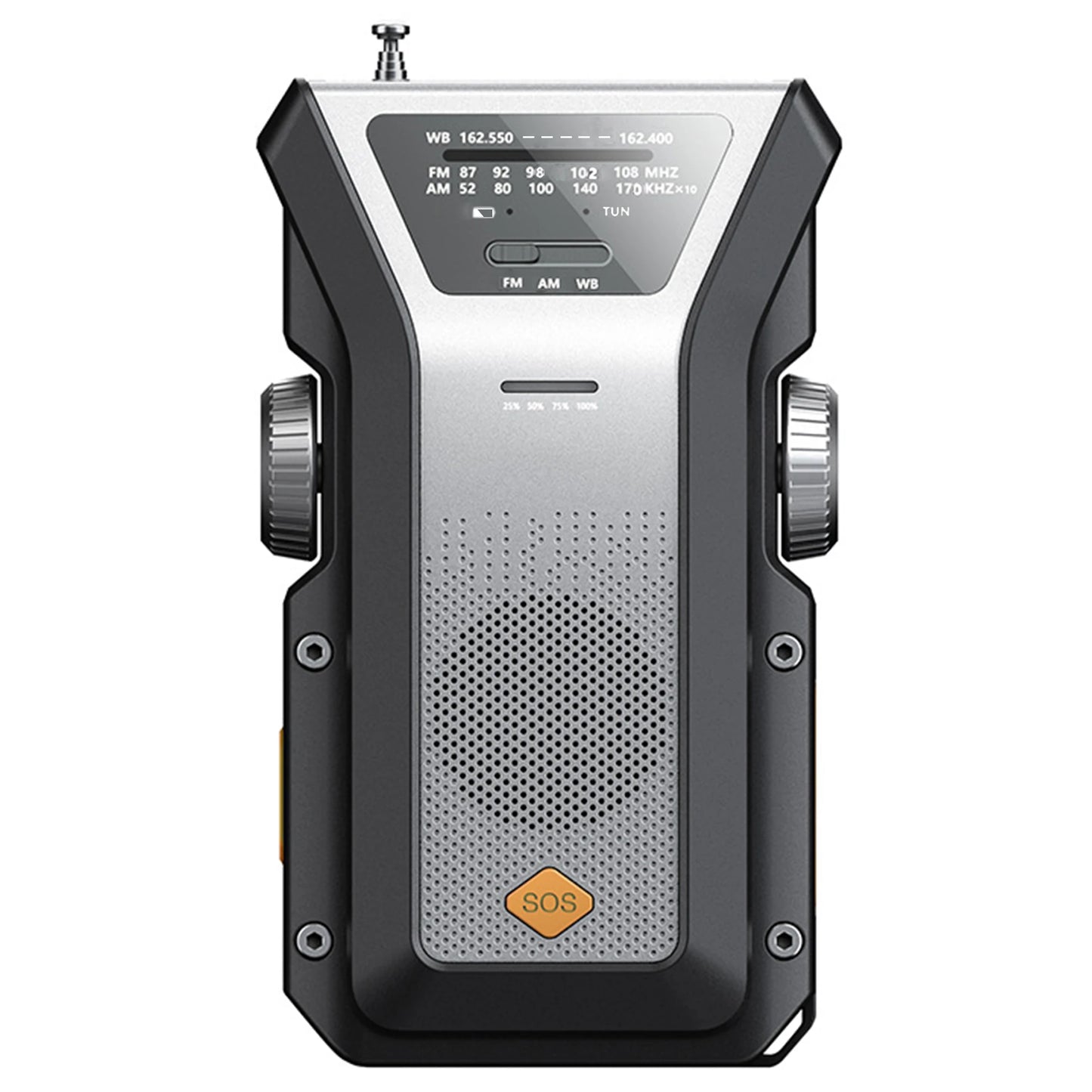 The Daykit Solar-Powered Emergency Weather Radio is rectangular with a metallic front and black sides. It includes an SOS button, tuning and volume knobs, AM/FM/WB bands, and a top antenna, making it essential survival gear.