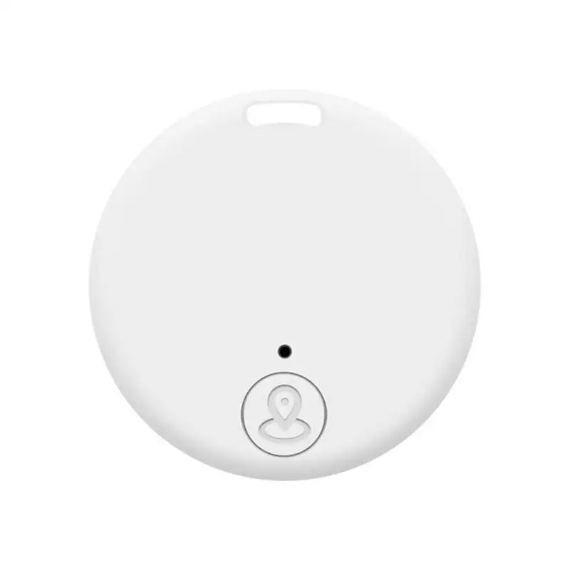 The NoEnName Bluetooth GPS Tracker is a round, white electronic device with a central hole, functioning as a smart anti-loss key finder. It features a circular logo with a pin icon, seamlessly integrating Bluetooth tracking against its plain white design.