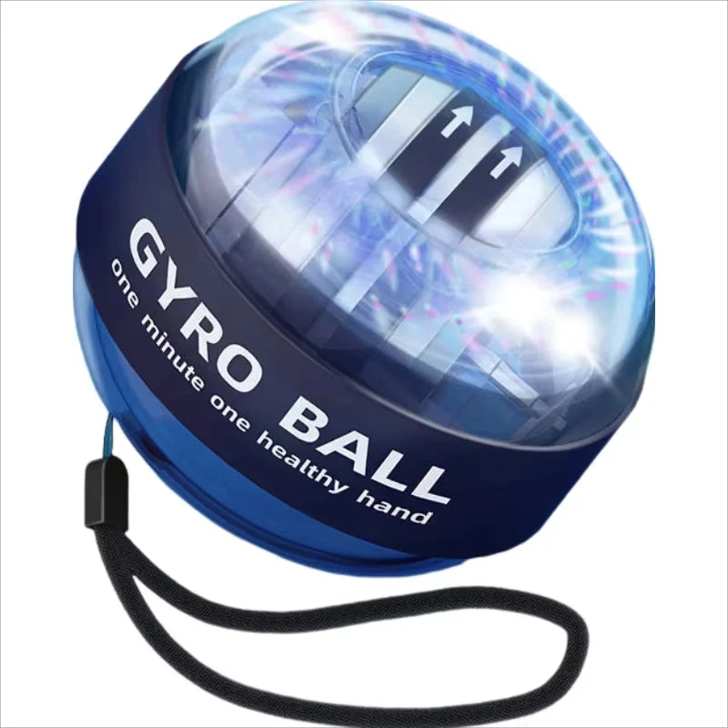 The blue Gyroball Powerball Forearm Muscle Fitness Equipment features a transparent top, strap, and arrow indicators. Labeled GYRO BALL, it boosts hand dexterity and wrist power in one minute for a healthier hand. Ideal for fitness enthusiasts seeking a forearm exerciser.