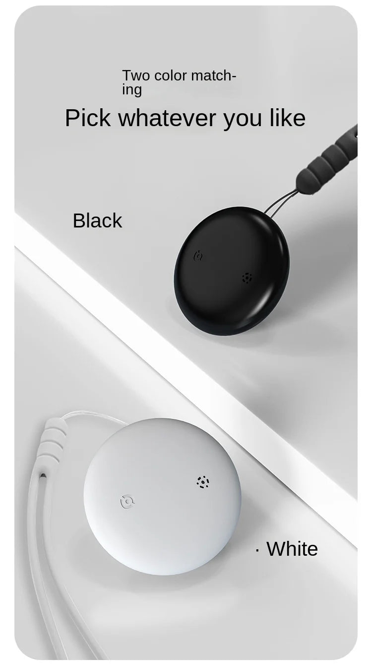 Two circular devices appear, one black and one white, connected by cables on a white background. Text reads: Two color matching. Pick whatever you like. Black. White. Now with NoEnName GPS Smart Tracker capabilities to easily locate things or pets via the Bluetooth Locator for Pets.