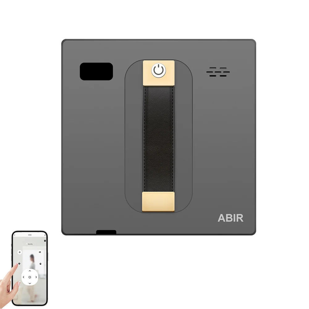 The ABIR WD8 Robot Window Vacuum, with a sleek black and gold design, offers effortless cleaning through its dual spray system and laser sensor. It integrates with smart home technology for efficient operation, easily controlled via a smartphone app.