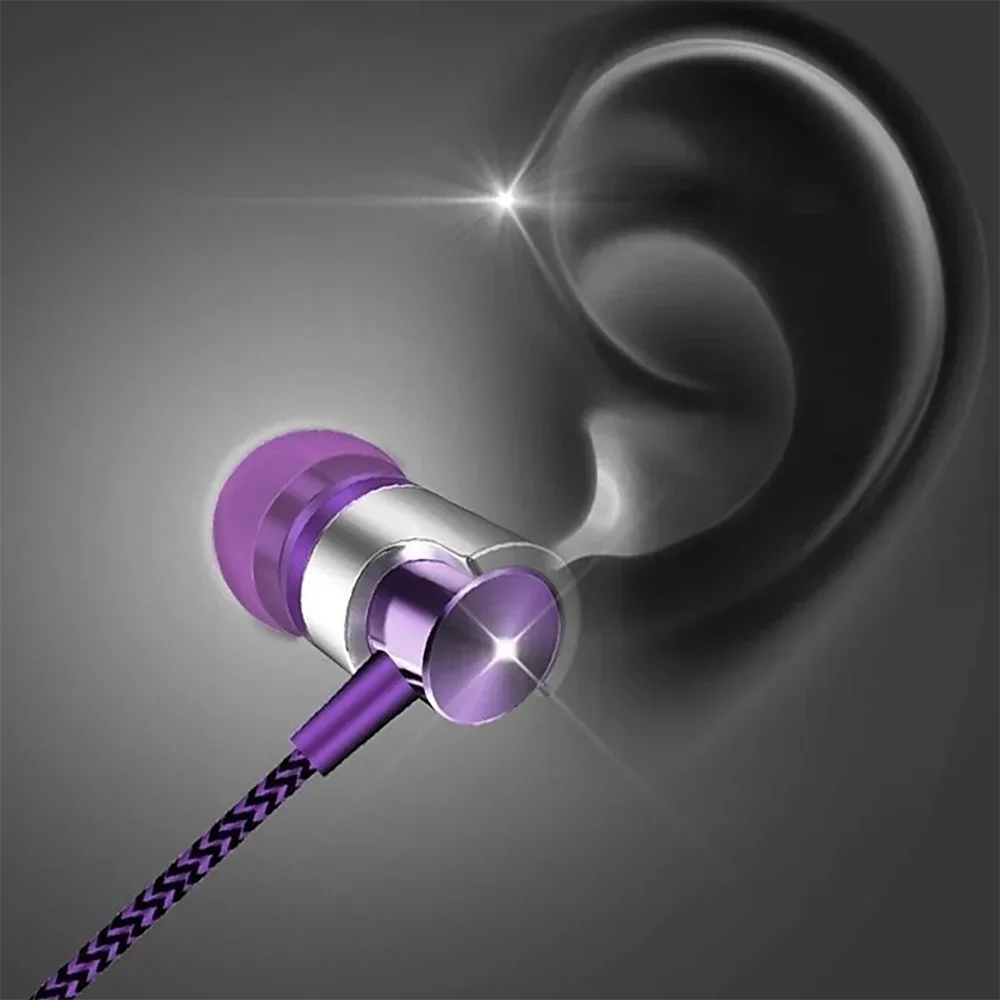 A pair of VIKEFON Noise Cancelling Wired Earphones, in purple and silver, is shown with one earpiece near a stylized semi-transparent ear on a dark background, highlighting their ergonomic design for superior sound delivery.