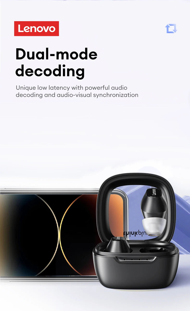 Image displays Lenovo XT62 Bluetooth Earphones - HiFi Sport Noise Canceling in an open charging case. A smartphone emerges from the blue, minimalist background, highlighting Dual-mode decoding with Bluetooth V5.3 for low latency audio sync.