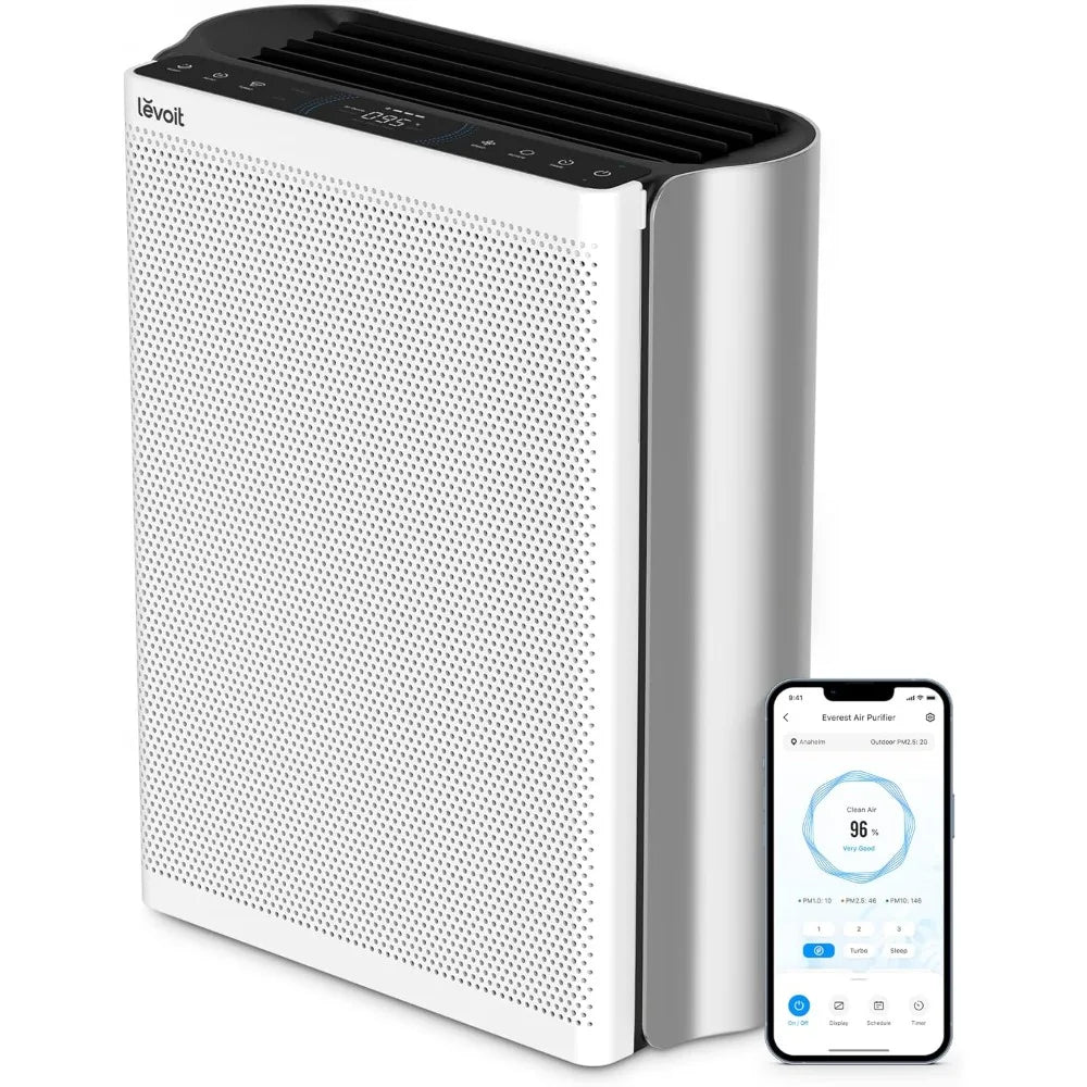 The NoEnName Large Room Air Purifier, featuring a sleek white design with a perforated front panel and digital display, is shown beside a smartphone displaying its app interface, highlighting its WiFi control capabilities prominently at the top.