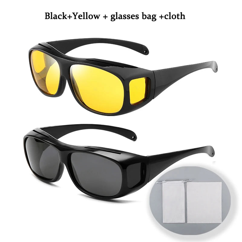 The display features two pairs of NoEnName Night Vision Glasses - one with yellow lenses for night vision and another with dark anti-glare lenses. Also included are a small white cloth and a glasses bag, labeled Black+Yellow + glasses bag +cloth, ideal for driving in any condition.