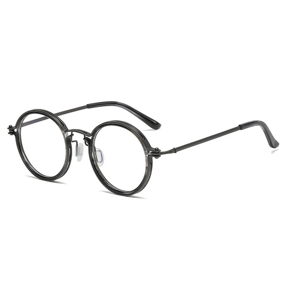 KLASSNUM High-Quality Reading Glasses - Blue Light Blocking feature round black rims, thin metal temples, and clear nose pads to help reduce eye strain, shown on a white background.