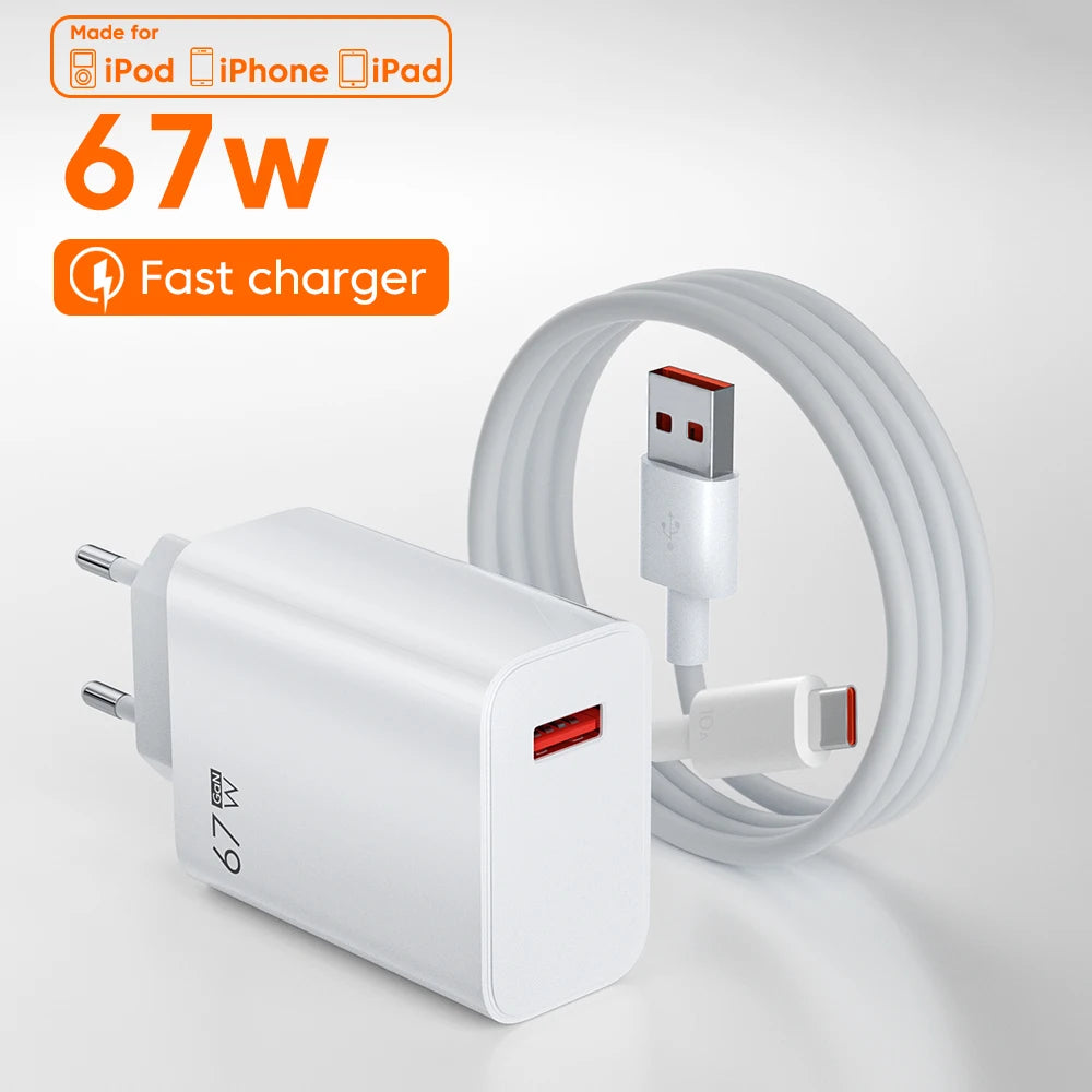 Enjoy efficient charging with the 67W GaN USB Charger featuring Quick Charge 3.0 Technology, designed for iPod, iPhone, and iPad. It includes a European plug and standard USB output in a sleek white finish for compatibility with your devices.