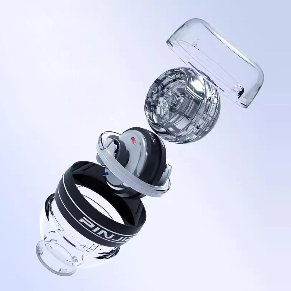 The exploded view of the Wrist Trainer Self-starting Gyro Ball for Strength showcases a transparent sphere with gyro-like inner components, featuring a black ring, white elements, and clear casing pieces, all set against a pale background.