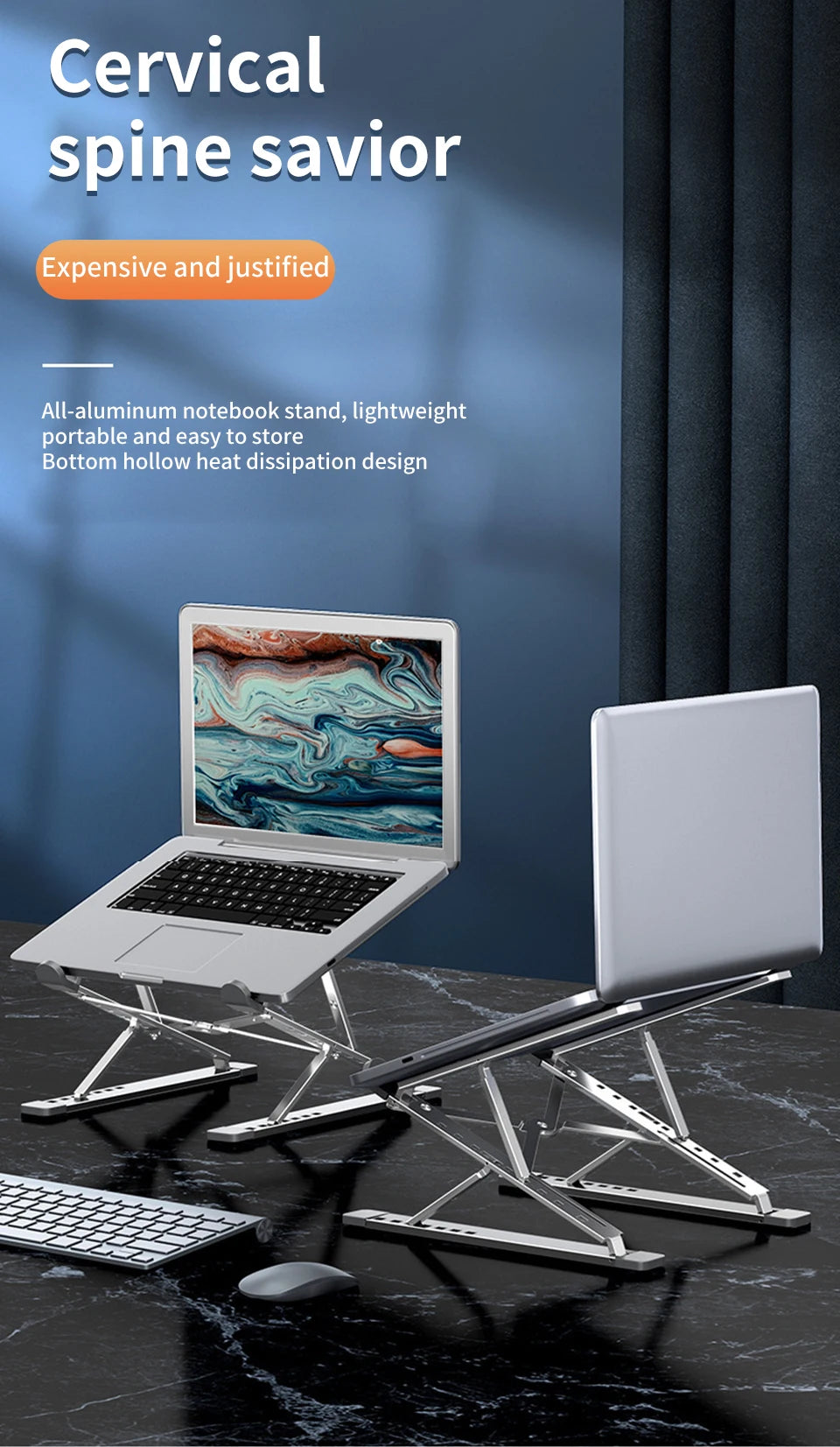 On a sleek desk, two laptops rest on adjustable aluminum stands. These ergonomic Adjustable Aluminum Laptop Stand for Comfort and Portability items are lightweight, portable, and feature a hollow design for heat dissipation, praised as an expensive yet justified cervical spine savior.