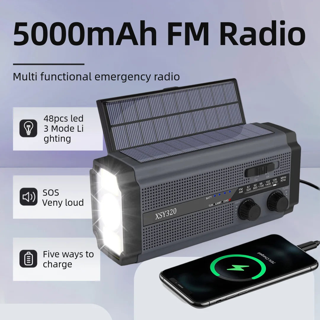 The image showcases the Woopker 5000mAh Emergency Radio, featuring solar and hand crank power. It includes a 48 LED flashlight with 3 modes, a loud SOS alarm, USB phone charging capability, and displays a smartphone being charged next to it.