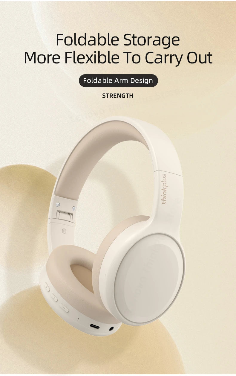 Image of Lenovo TH30 Wireless Headphones in white with beige accents on a matching background. Text highlights: Foldable Storage, Flexible to Carry, Foldable Arm Design. The thinkplus brand is visible on the headband, emphasizing Noise Cancelling for High-Fidelity Sound and Bluetooth 5.3 technology.