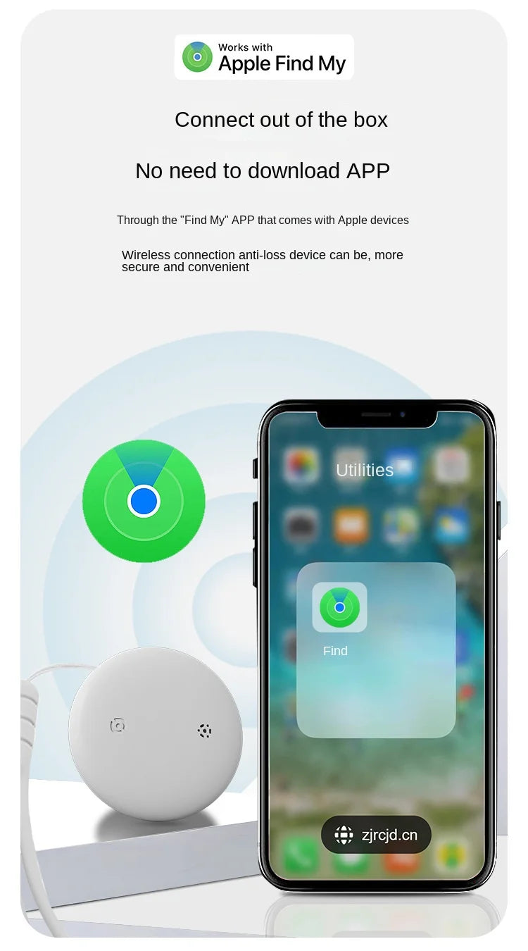 An image displays the NoEnName GPS Tracker, a small, round, white device beside a smartphone screen featuring the Find My App. It highlights compatibility with Apple Find My for easy connection without app downloads.