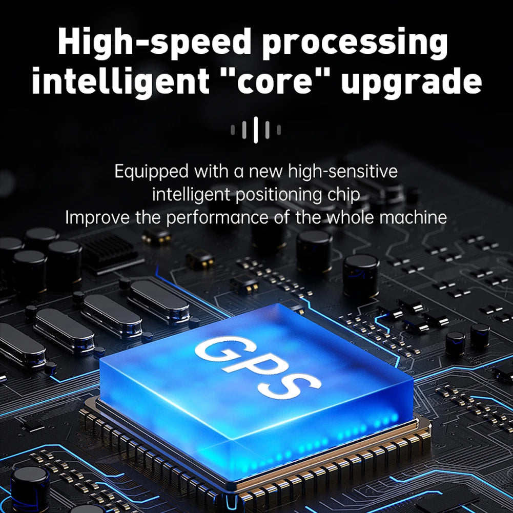 A close-up of a glowing blue GPS chip on a dark circuit board. Text above: High-speed processing intelligent core upgrade. Below: Equipped with Mini GPS Tracker - Real-Time Magnetic Smart Locator for high-sensitive, real-time tracking. Enhance overall machine performance.