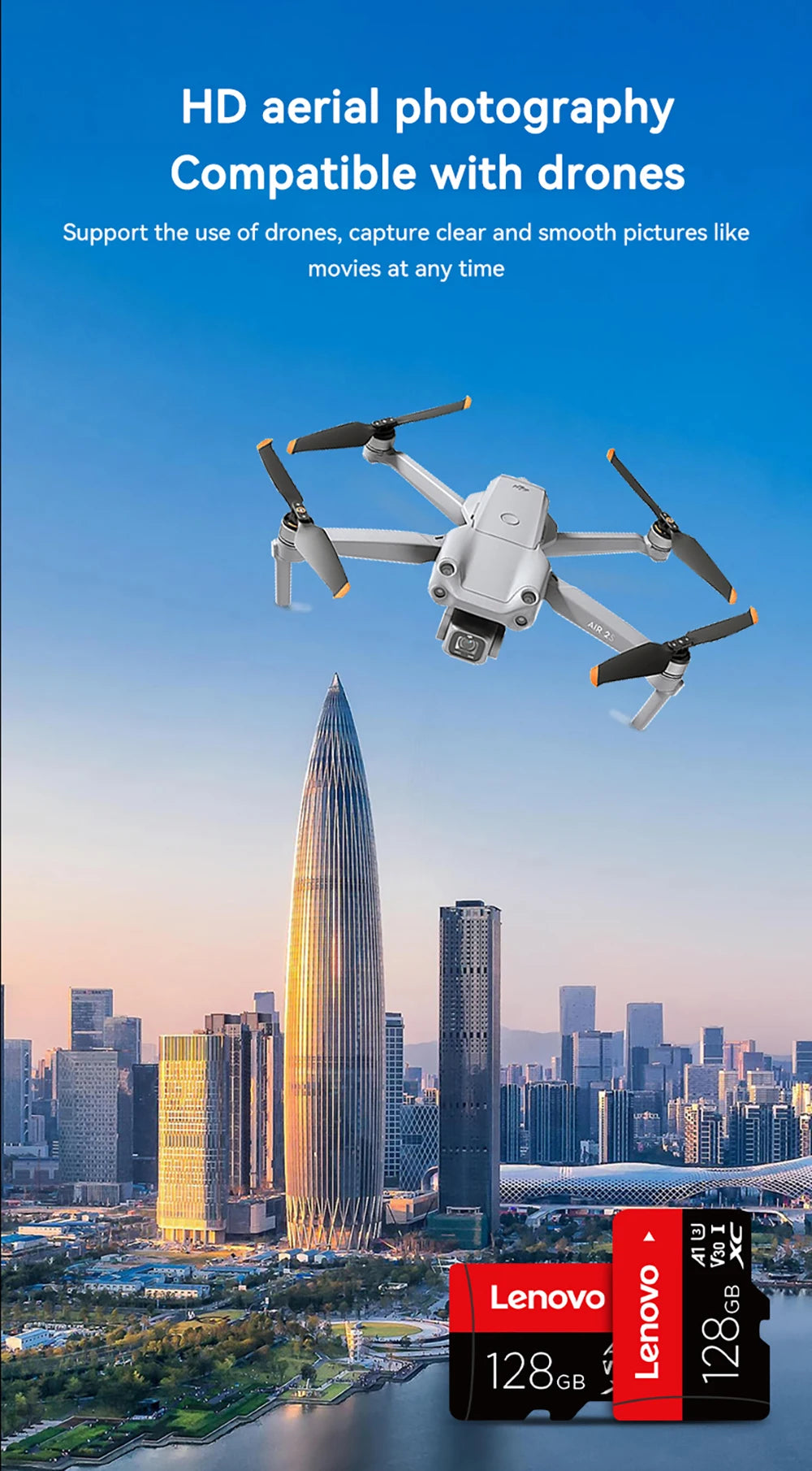 A drone flies over the city at sunset, capturing HD aerial photos. Text reads, Compatible with drones. At the bottom, a Lenovo 128GB Micro TF Card - Fast 100MB/s Speed ensures high-speed storage for your adventures.