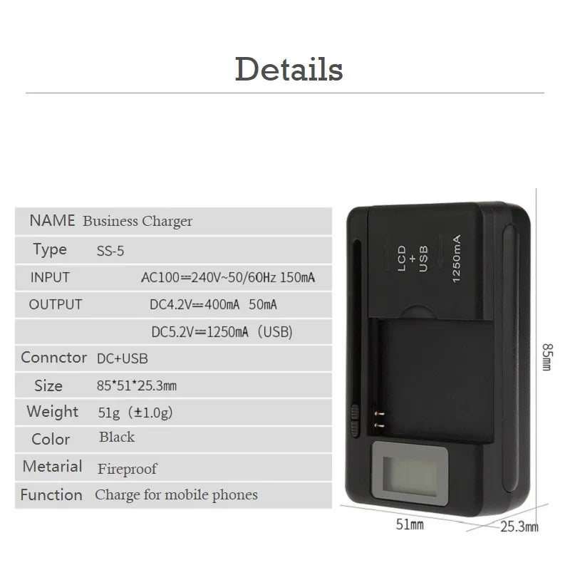 Heres a sleek black YIBOYUAN Universal USB Battery Charger with LCD Indicator. The SS-5 model supports AC input 100-240V, USB output DC4.2V at 400mA, and smart charging for mobile phones. It measures 85x51x25.3mm, weighs 51g, and features fireproof material for safety.