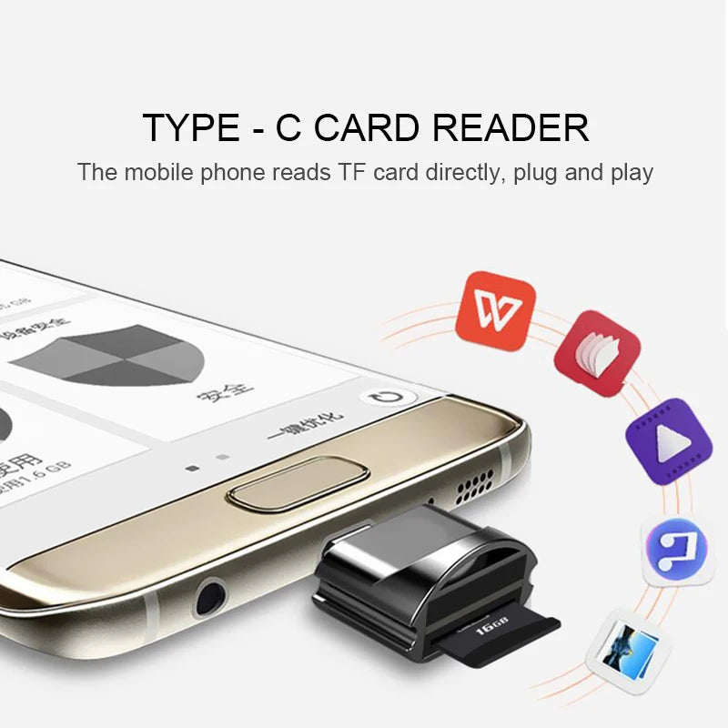 The AICSRAD Type C to Micro-SD Adapter plugs into a smartphone, reading TF cards with fast OTG and plug-and-play convenience. Colorful app icons highlight its wide compatibility with Type-C devices for easy mobile file access.