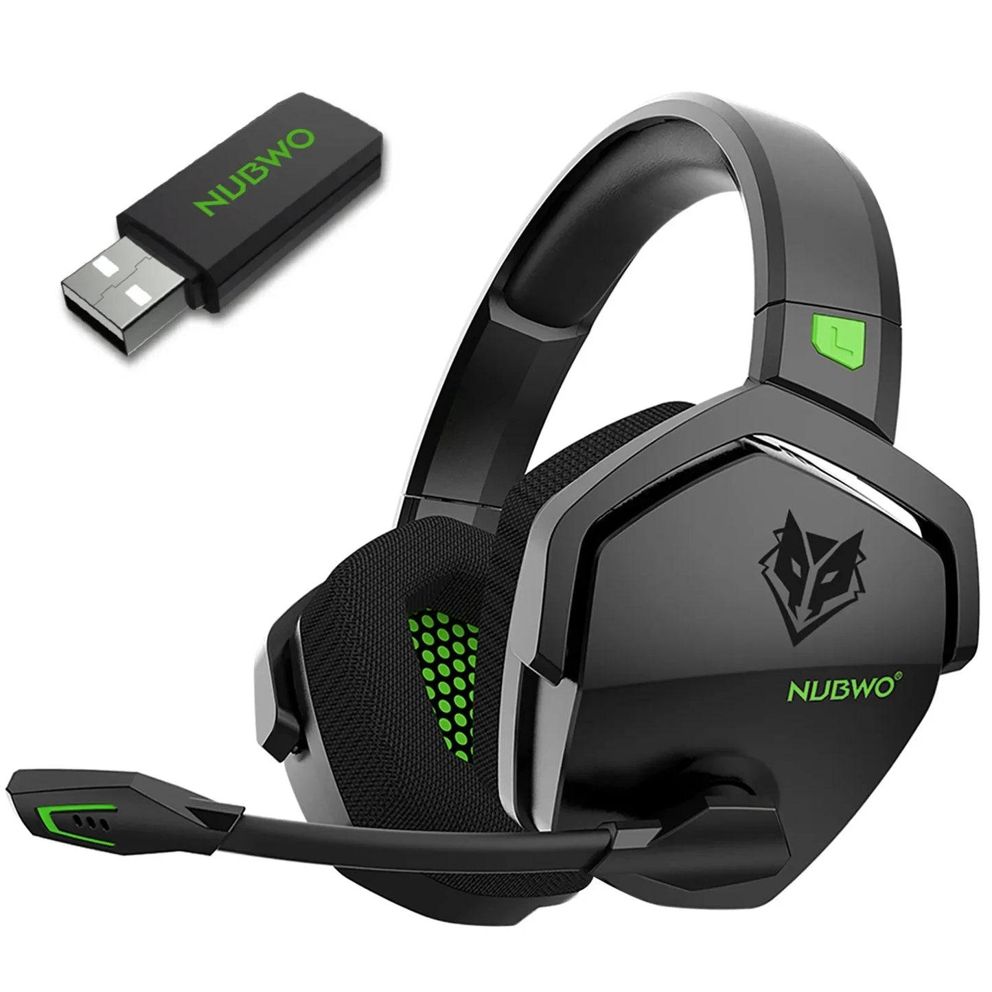 The NUBWO G06 Dual Wireless Headset features green-accented sleek black design, over-ear cushioned pads, and a flexible mic arm. It includes active noise cancelling and sports a wolf head logo on the ear cup. A matching USB dongle completes the setup.