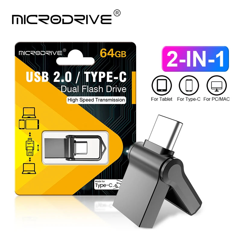 The MicroDrive Mini USB 2.0 Flash Drive offers dual USB 2.0 and Type-C connectors, perfect for tablets, Type-C devices, and PC/MAC. The packaging highlights its compact design and versatile storage in 64GB and 32GB options with both connectors prominently displayed.