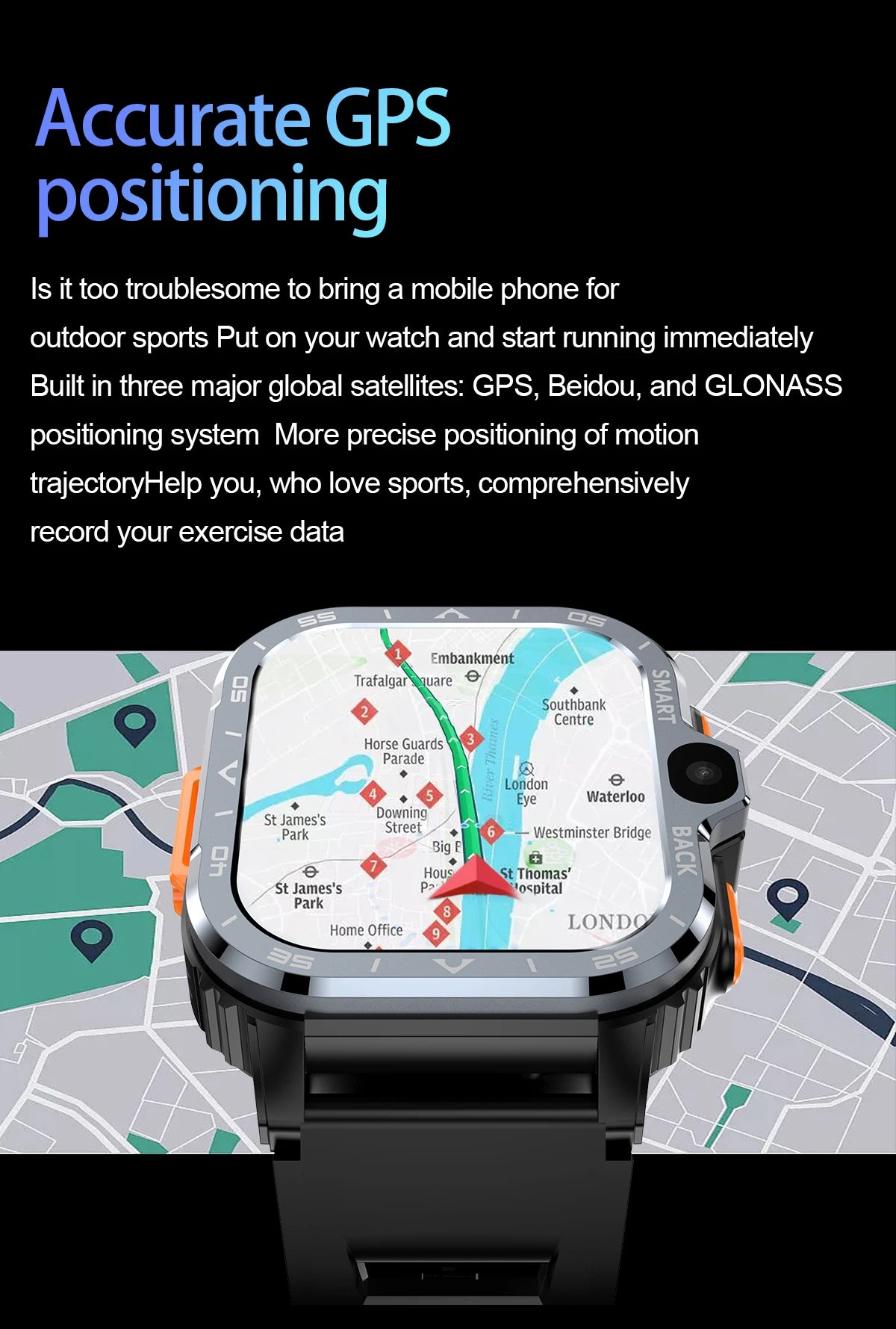The Valdus PGD Smart Watch for Men features a digital map with roads and landmarks, using Beidou and GLONASS for precise GPS exercise tracking, while integrating 4G connectivity and a dual camera for enhanced functionality.