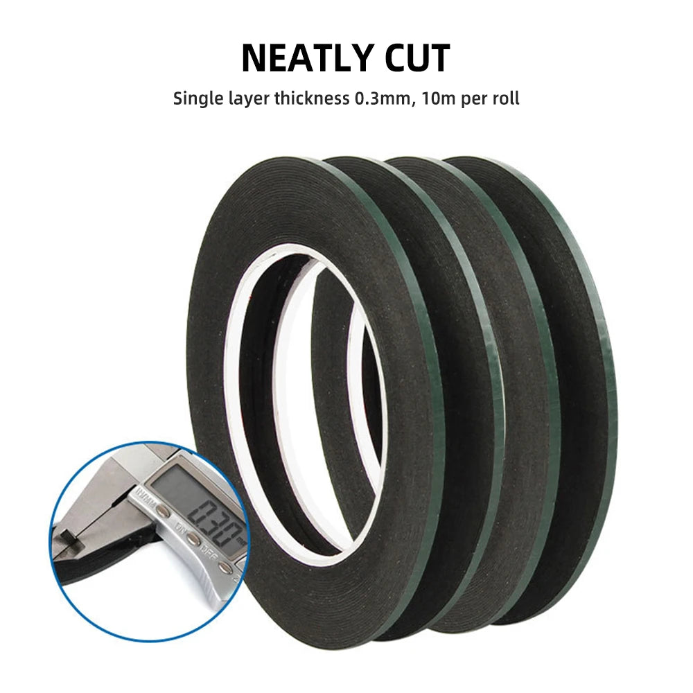 Three rolls of WELIBA Adhesive Tape for Mobile Repair, high-strength black with a white core, are lined up. Text reads “NEATLY CUT” above and “0.3mm thickness, 10m per roll” below. An inset shows a caliper confirming the 0.3mm thickness—perfect for mobile repair needs.