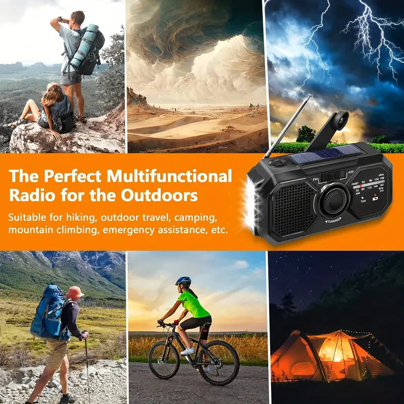 A collage promoting the Sayin Portable Solar Radio with Power Bank & Flashlight shows people hiking, biking, camping, and a dramatic sky with lightning. Ideal for hiking, travel, camping, climbing, and emergencies.