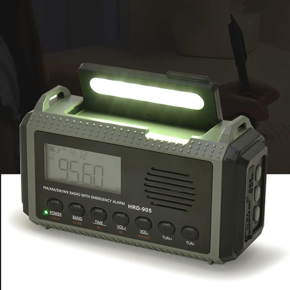 Discover convenience with the APWIKOGER 10,000mAh Solar Hand Crank Emergency Radio. This portable black radio includes a digital display, intuitive controls, a built-in LED flashlight, and a robust battery to keep you powered on the go.