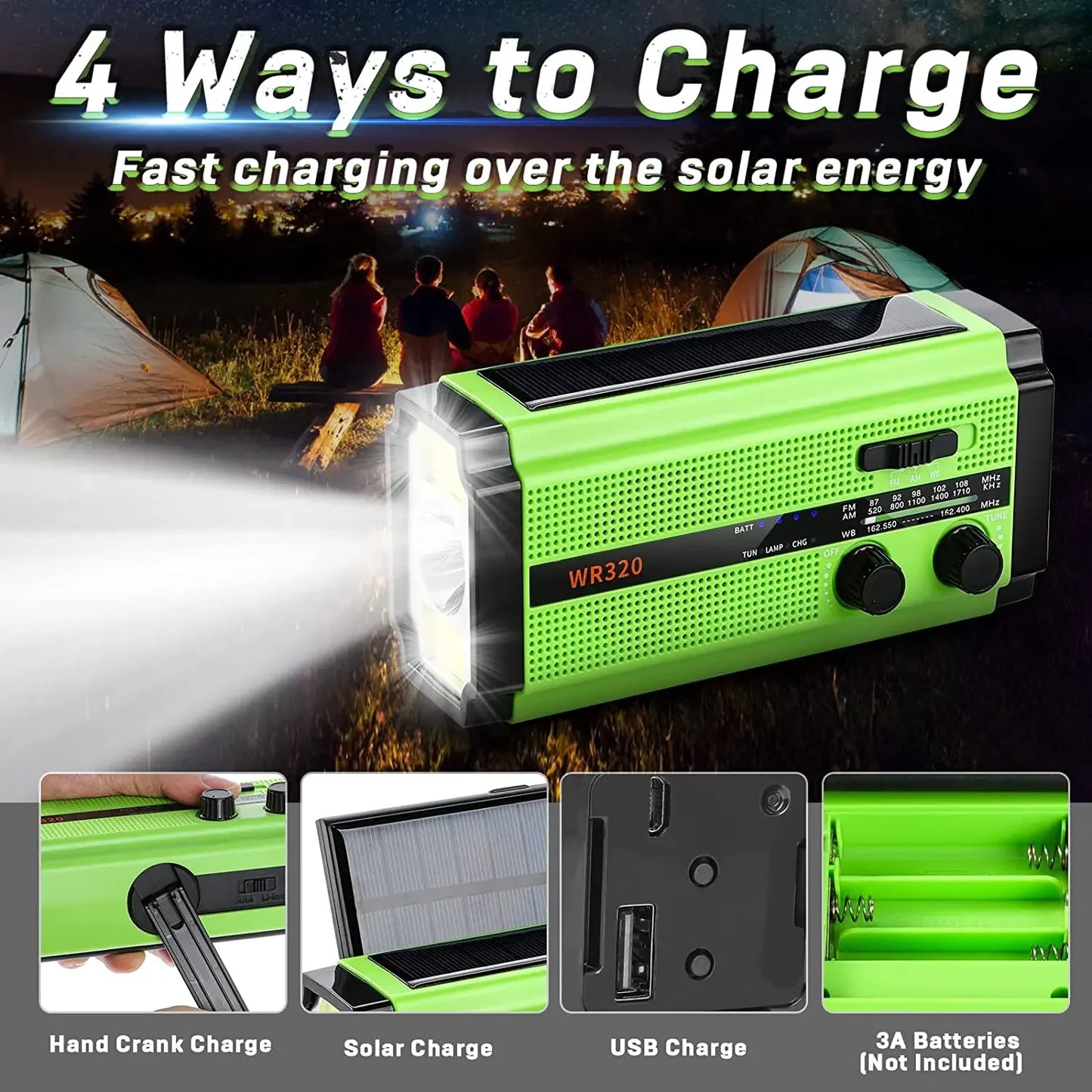 A promotional image shows the Woopker 5000mAh Emergency Radio in green, featuring solar, hand crank, USB, and 3A battery charging methods. Campers near tents serve as the backdrop. The radio includes an LED flashlight and knobs for tuning and volume control.