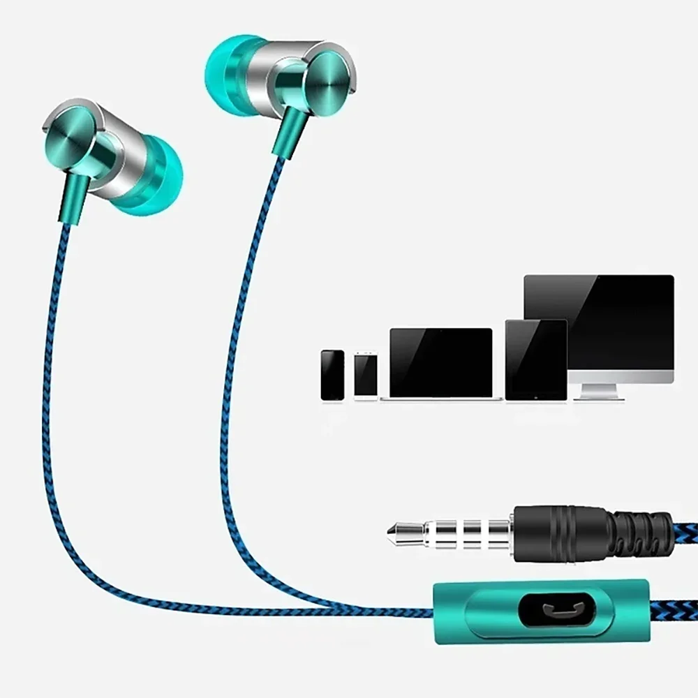 VIKEFON Noise Cancelling Wired Earphones, in turquoise and silver with a 3.5mm jack, provide superior sound. Featuring an ergonomic control button on the cord, they are set against silhouettes of devices like a smartphone, tablet, laptop, and desktop computer.