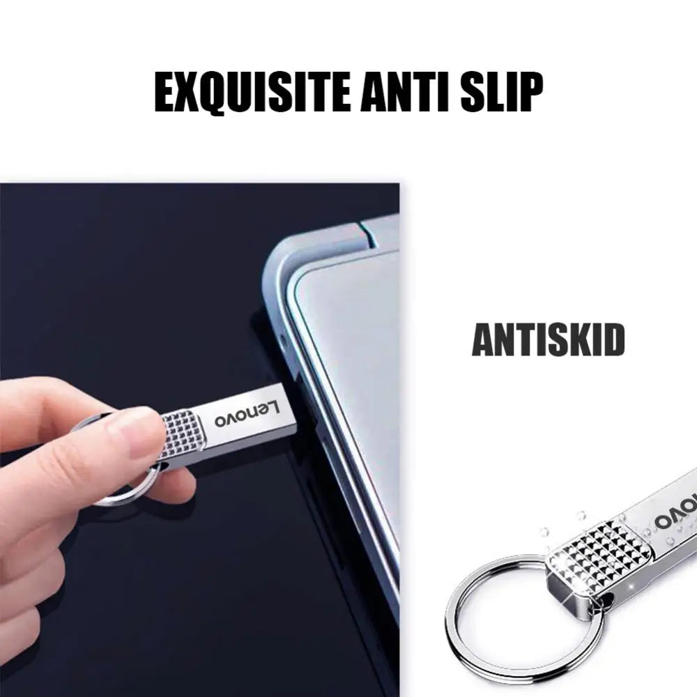 A hand inserts a Lenovo 2TB USB 3.0 OTG Pen Drive - High-Speed Storage into a laptop, showcasing features like exquisite anti-slip and antiskid design, metal build, textured grip, and keyring for convenient handling.