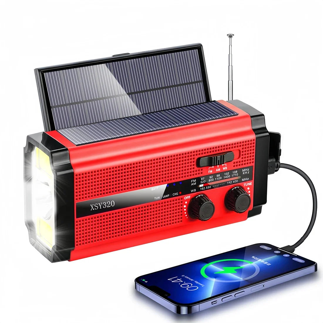 The Woopker 5000mAh Emergency Radio includes a solar hand crank, LED flashlight, tuning and volume knobs, and an antenna. It charges your smartphone effectively with a cable, using solar power in any situation.