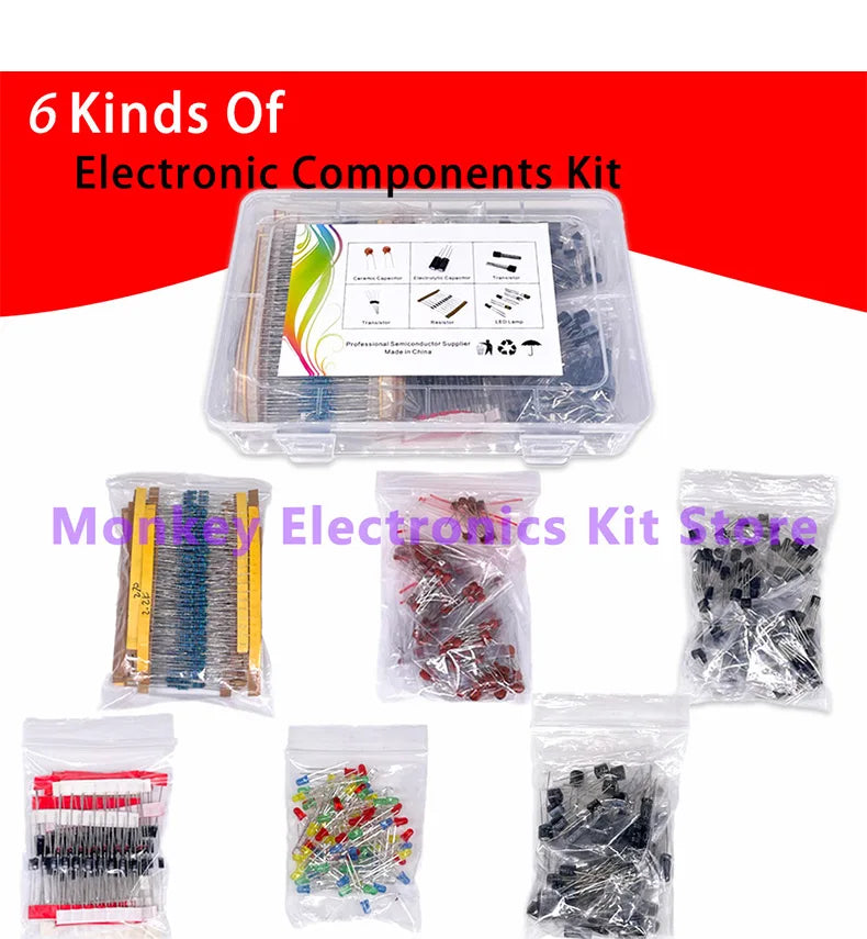 Image of NoEnName_Null 6-in-1 Component Kit for Mobile Repairs, ideal for DIYers, with six types of components like resistors, LEDs, and diodes in separate bags. All items are securely stored in a clear plastic box. Red and white text reads 6-in-1 Electronic Components Kit.