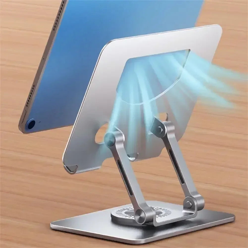 The Adjustable 360° Rotatable Tablet Stand for 4.7-12 Devices, made from sleek aluminum, features an adjustable hinge and wooden base. Its airflow design, shown by blue lines, keeps devices cool while providing easy access and optimal viewing angles for any workspace.