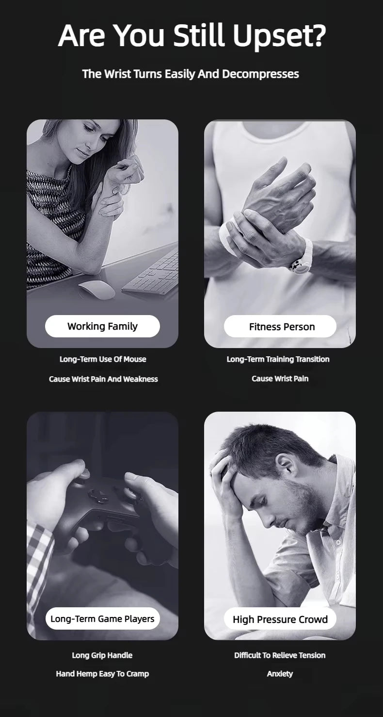 A black and white image highlights wrist discomfort in four scenarios: a woman at her computer, someone exercising hand dexterity, a gamer holding a controller, and a stressed man with a headache. Each scenario emphasizes the need for the Gyroball Powerball Forearm Muscle Fitness Equipment.
