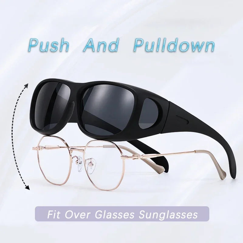 The MOKDUFF Polarized Sunglasses fit comfortably over prescription glasses with UV400 protection, featuring an easy push and pulldown mechanism for style and safety.