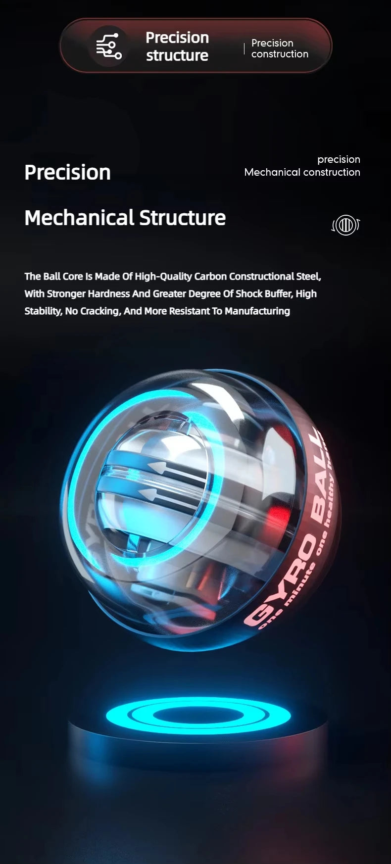 The Gyroball Powerball, a sleek metallic sphere on a glowing blue base, boasts precision mechanics with text highlighting its high-quality carbon steel. It enhances hand dexterity and is resistant to shock and cracking, making it an ideal forearm exerciser.