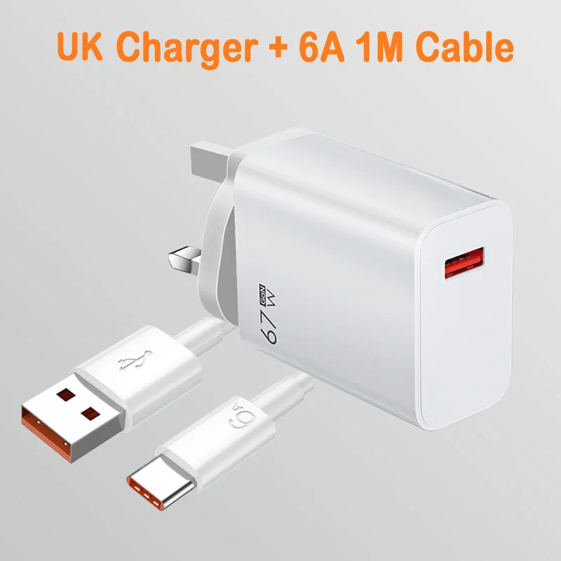 The image features a UK plug charger, labeled “67 Max,” with a USB port and Quick Charge 3.0 technology for efficient charging. Accompanying it is a white 6A 1M USB to USB-C cable. UK Charger + 6A 1M Cable appears in bold orange, ideal for quick and reliable power solutions.