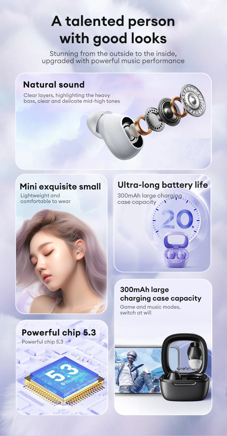 Promotional image for the Lenovo XT62 Bluetooth Earphones - HiFi Sport Noise Canceling, showcasing a woman wearing them. Emphasizes natural sound, compact design, noise reduction, and long battery life with Bluetooth V5.3. Displays earbud internals and large charging case against a cloudy backdrop.
