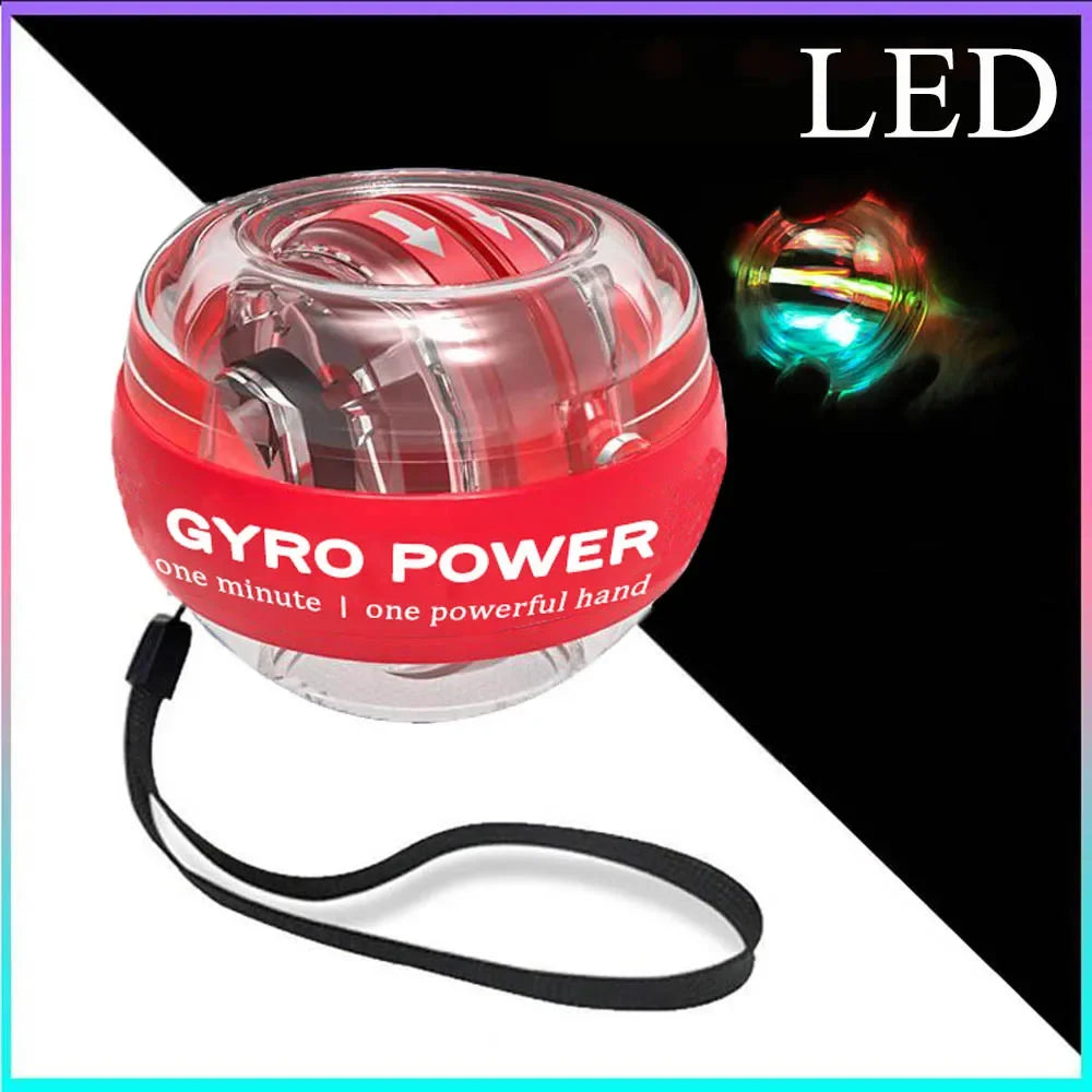 Clear gyroscopic exercise ball with a red band labeled GYRO POWER and a black wrist strap. Inset shows the LED Gyro Wrist Force Handball glowing with multicolored LED lights against a black background, ideal for your strength training routine.