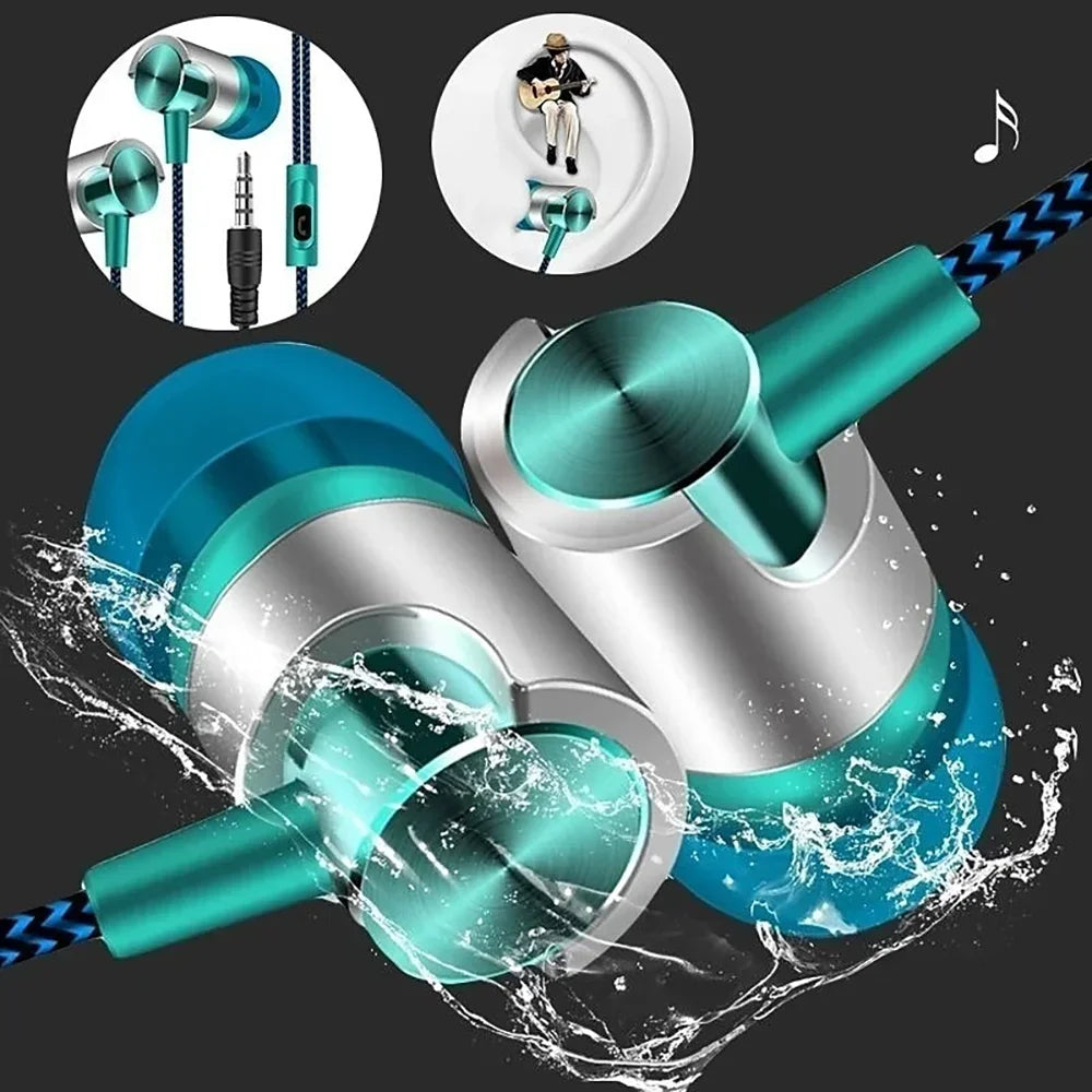 The VIKEFON Noise Cancelling Wired Earphones are featured in green and silver with a braided cable. Images suggest superior sound quality, water resistance, and ergonomic design, as depicted by a small guitarist and music note icon.