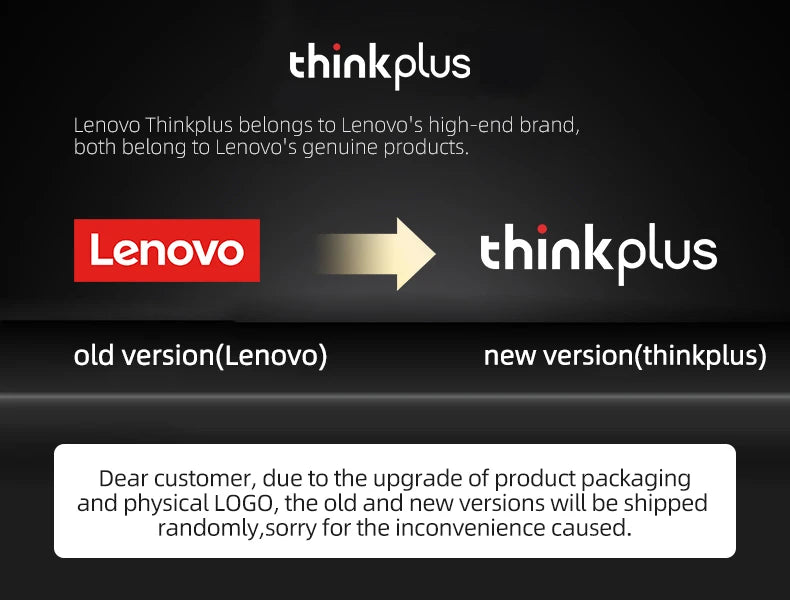 Image showing Lenovos old vs. new branding: Lenovo and thinkplus. Note: Products, such as Lenovo XT62 Bluetooth Earphones - HiFi Sport Noise Canceling with Bluetooth V5.3, may ship randomly with different packaging/logos.