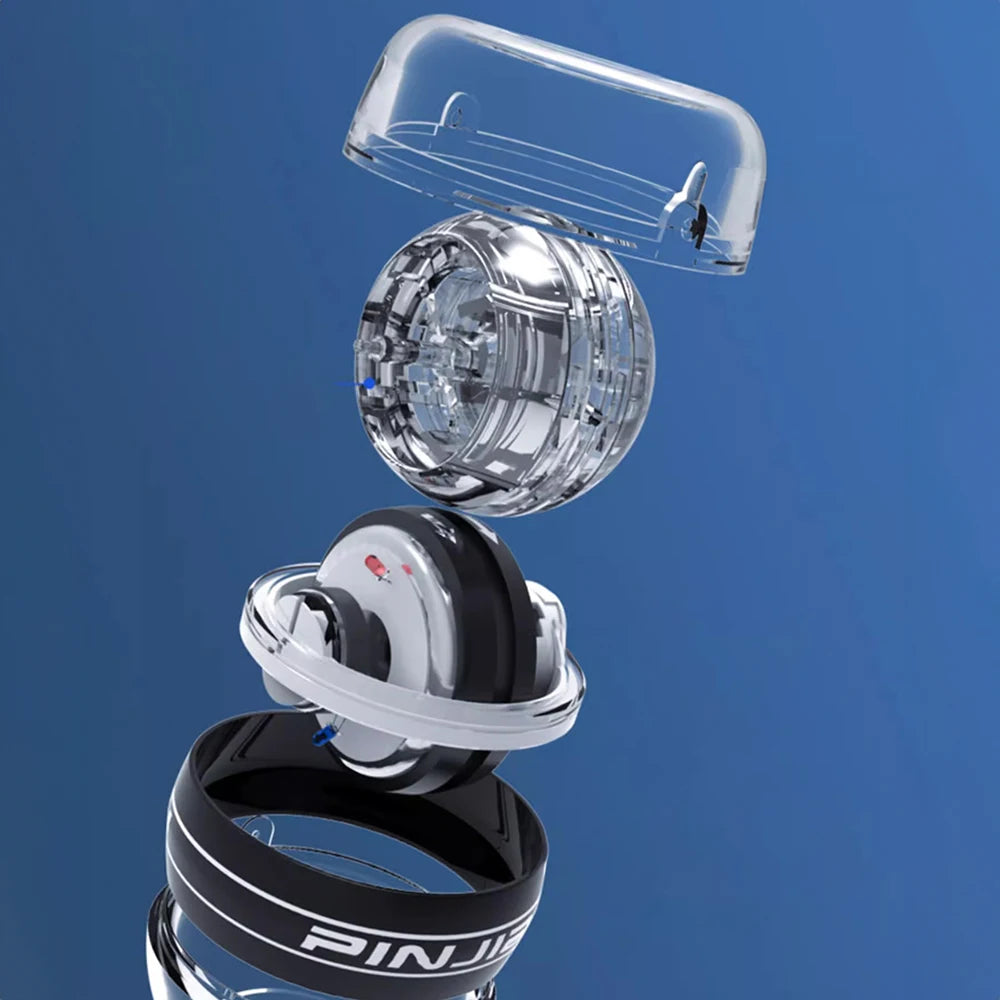 An exploded view of the Wrist Trainer Self-starting Gyro Ball on a blue backdrop highlights its transparent shell, spherical sections, and vertically stacked adjustable rings, showcasing its intricate mechanical brilliance.
