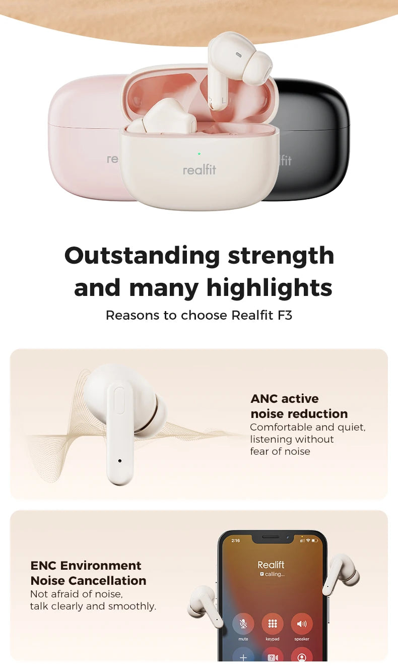 Realfit F3 ANC Bluetooth Earphones with HiFi Stereo Sound