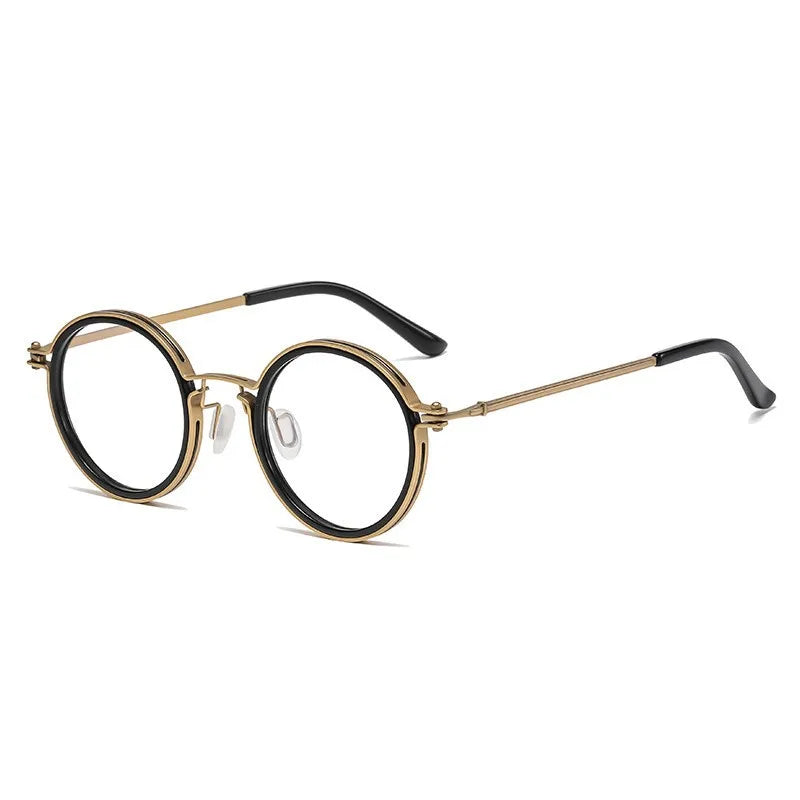 KLASSNUM Mens Round Glasses feature a stylish retro frame with thin gold metal, black rims, adjustable nose pads, and black tips. Anti blue light lenses offer a timeless look and modern protection.